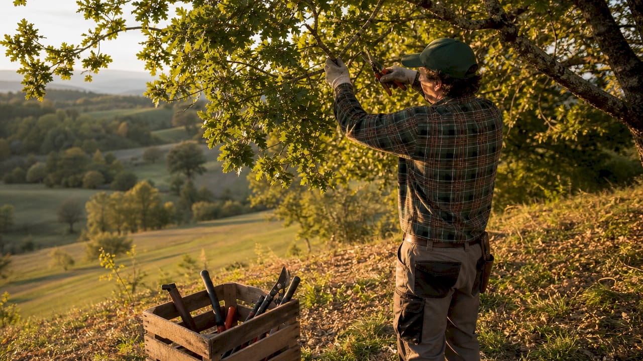 Close-up hands pruning oak tree branches