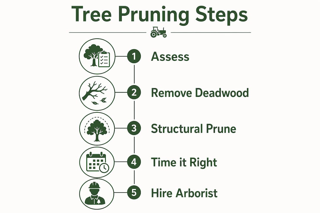 Infographic illustrating steps for hurricane tree pruning