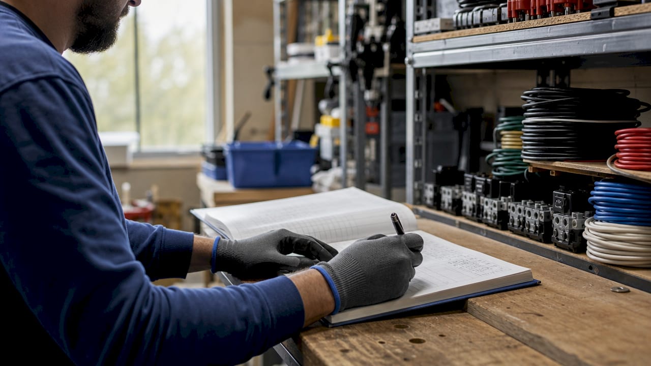 Hands holding tablet inventorying electrical assets