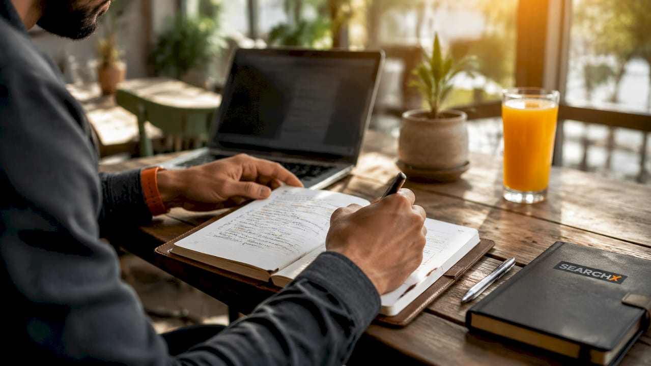 Hands typing with notebook of product benefits on desk