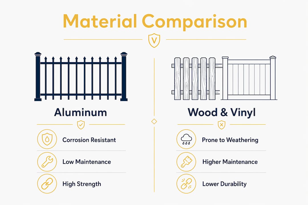 Infographic comparing aluminum and wood vinyl fencing