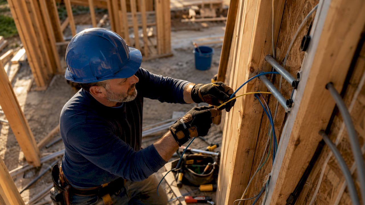 Electrician installing wiring inside exposed wall studs