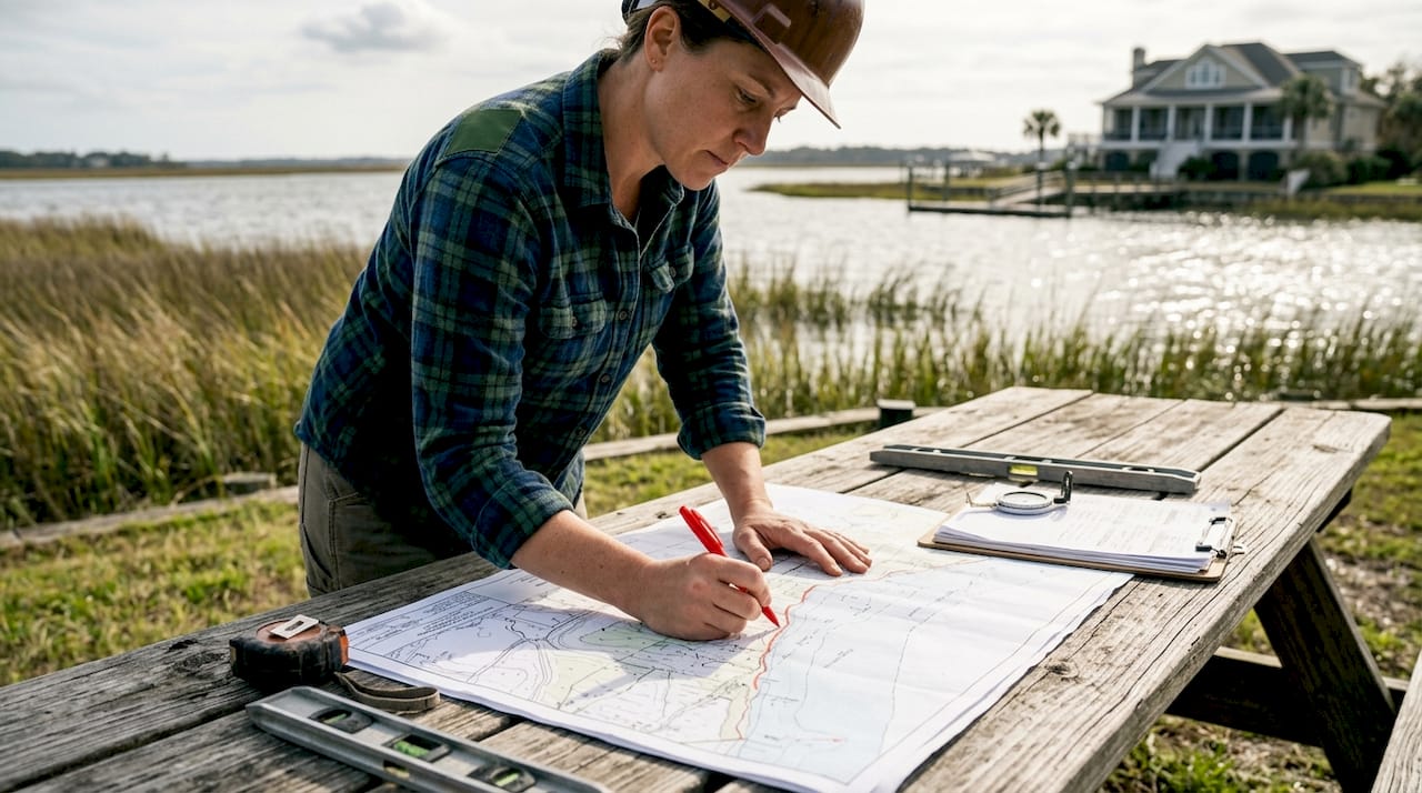 Contractor marking waterfront permit boundary