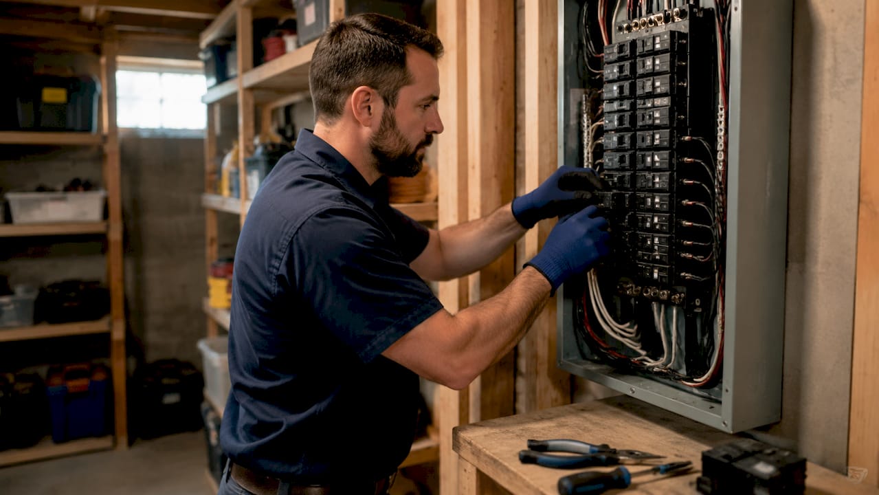 Hands installing breakers in electrical panel