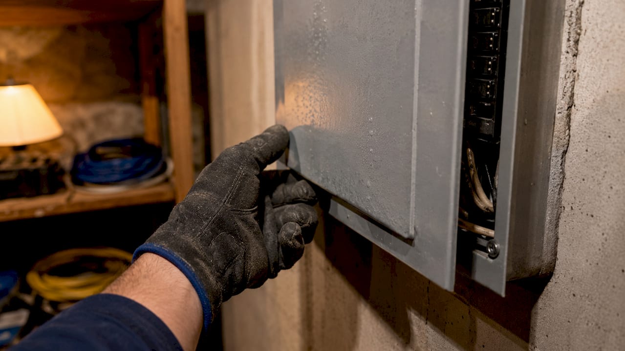 Gloved hand checking warm electrical panel surface