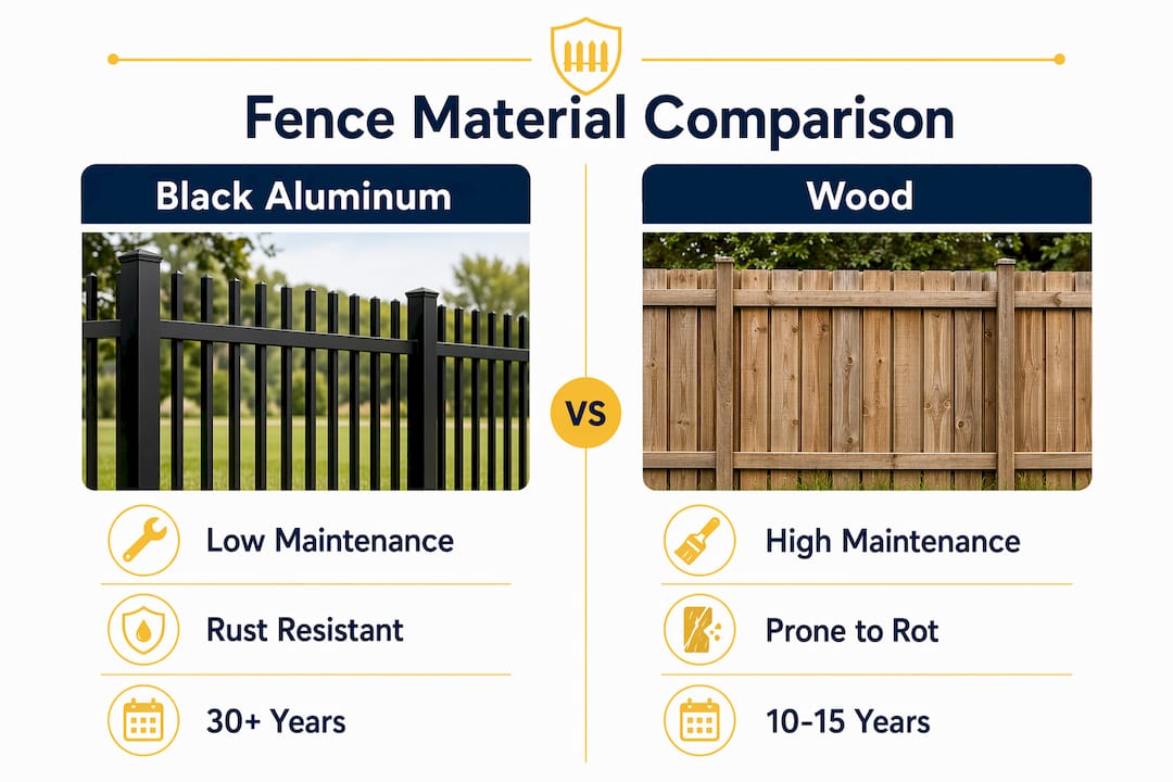 Infographic comparing aluminum and wood fence features