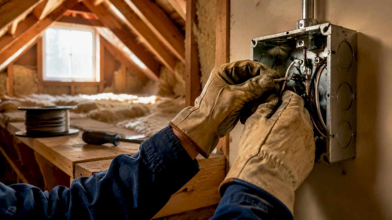 Hands securing electrical cable during rough-in inspection