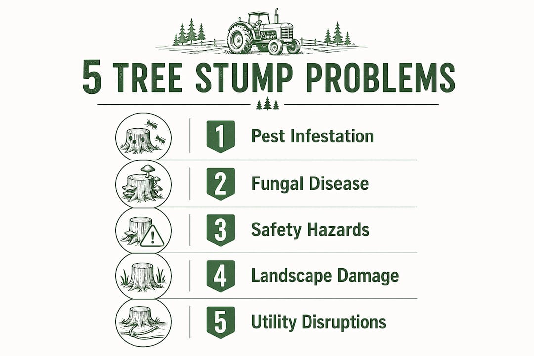 Infographic listing five main problems caused by tree stumps