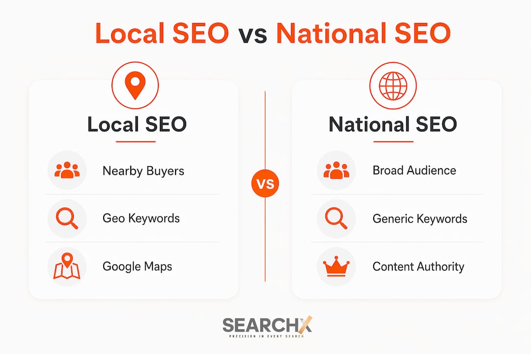 Infographic comparing local SEO and national SEO
