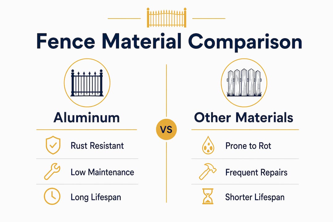 Infographic comparing aluminum fence benefits and other materials