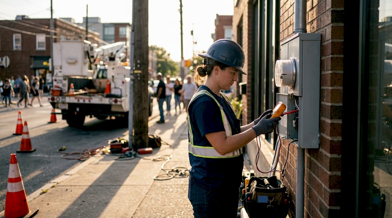 Electrician testing service entrance connections outdoors