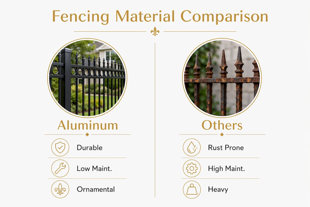 Infographic comparing aluminum fencing to wrought iron and wood