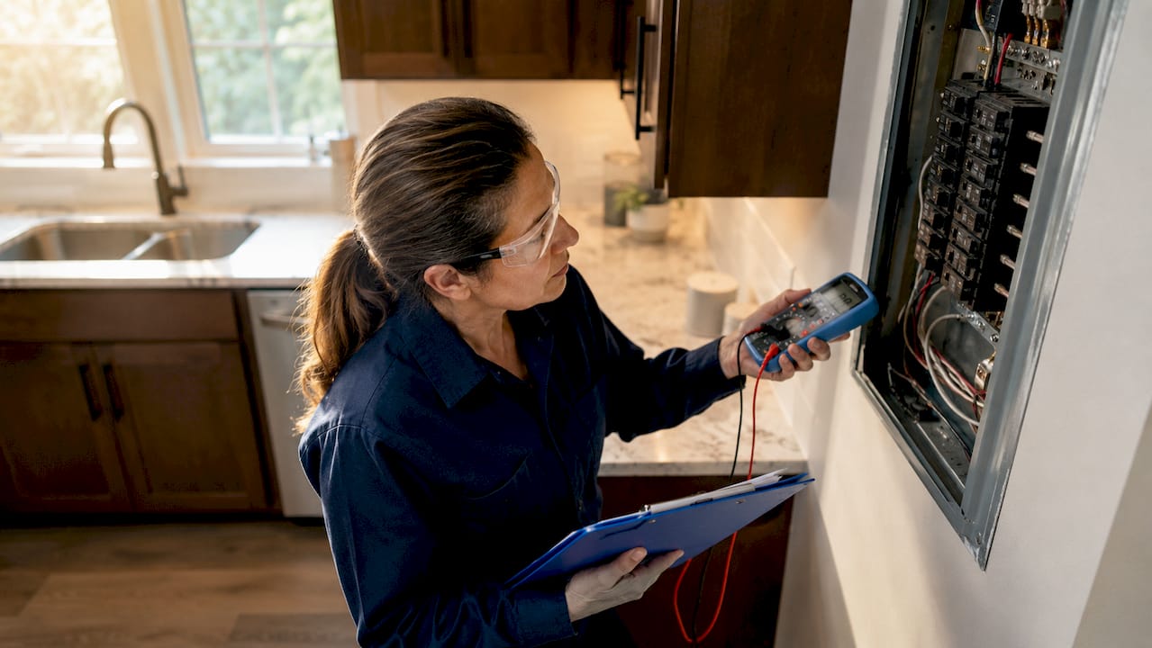 Electrician inspecting residential electrical panel close-up