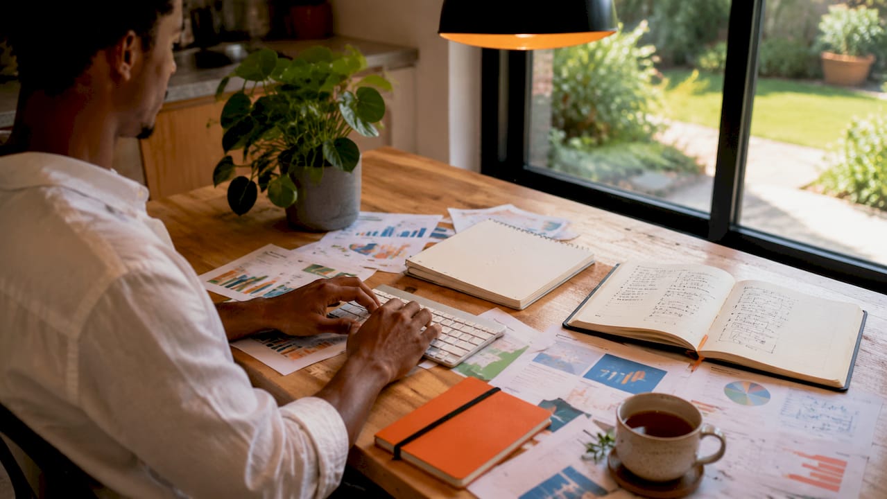 Hands typing SEO revenue data at home desk
