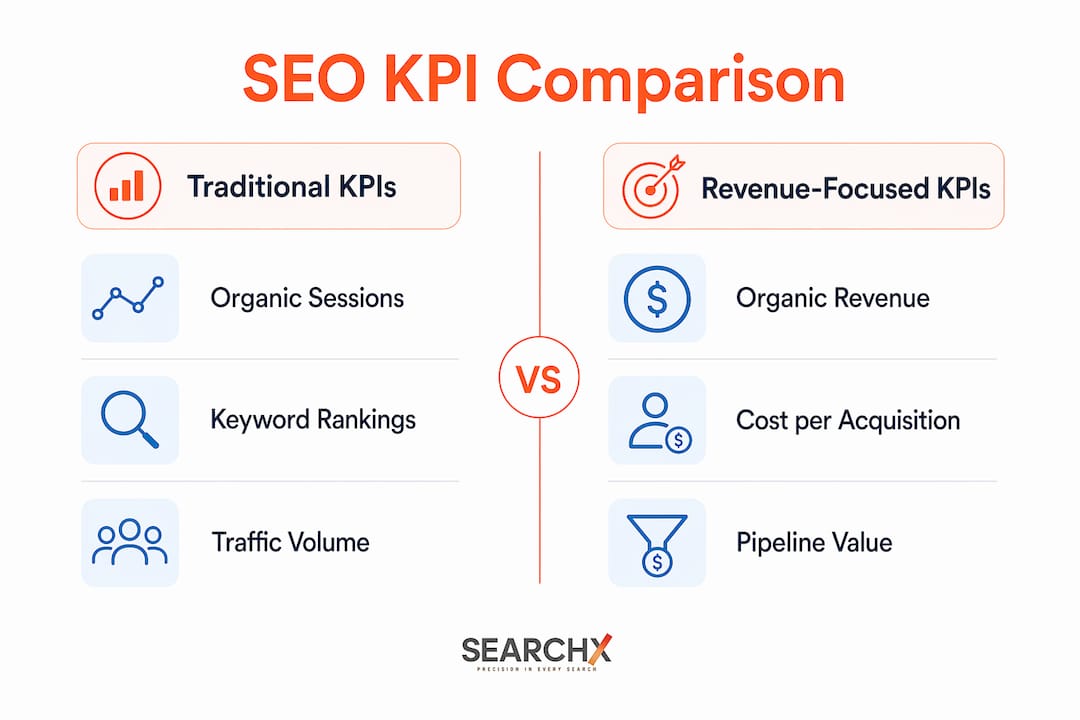 Infographic contrasting traditional and revenue-focused SEO KPIs