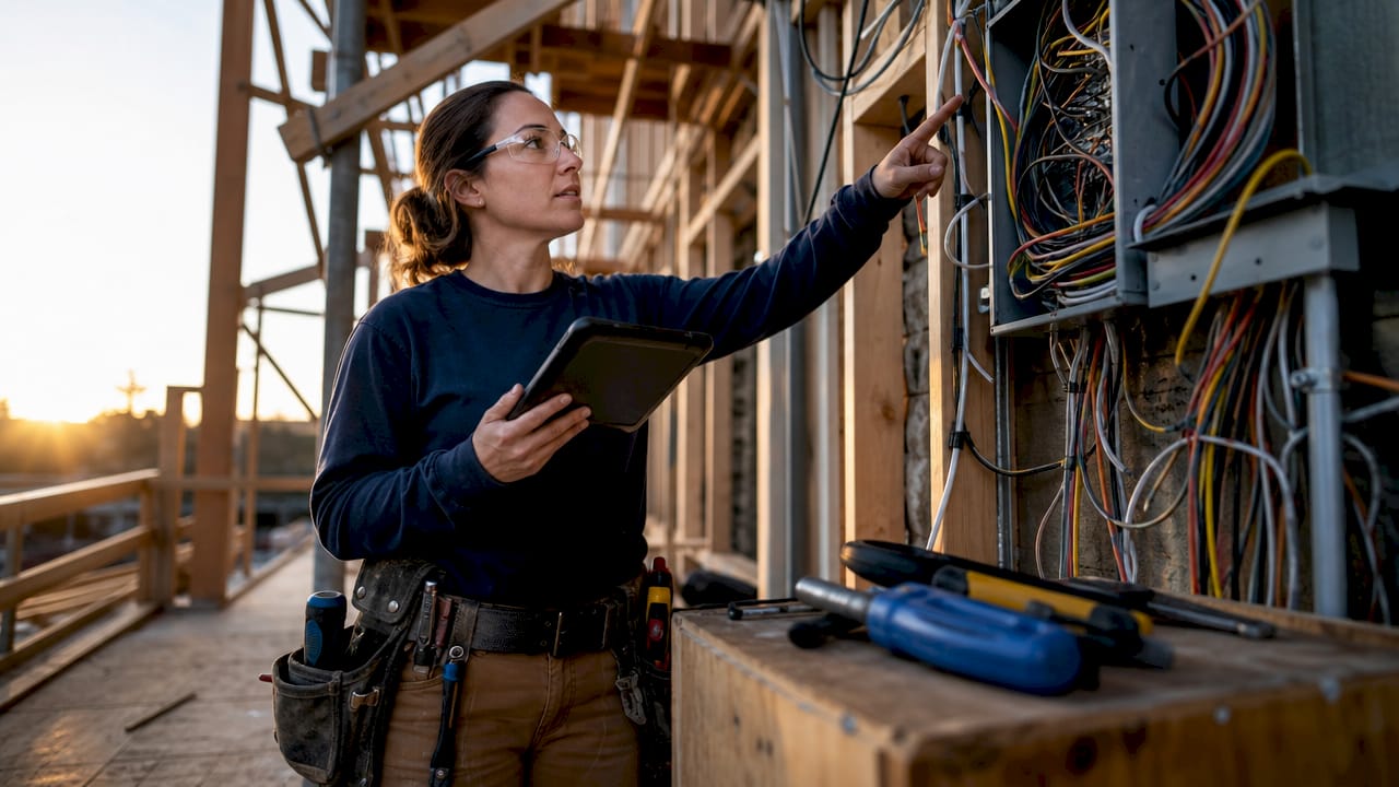 Female electrician inspecting wiring at construction site