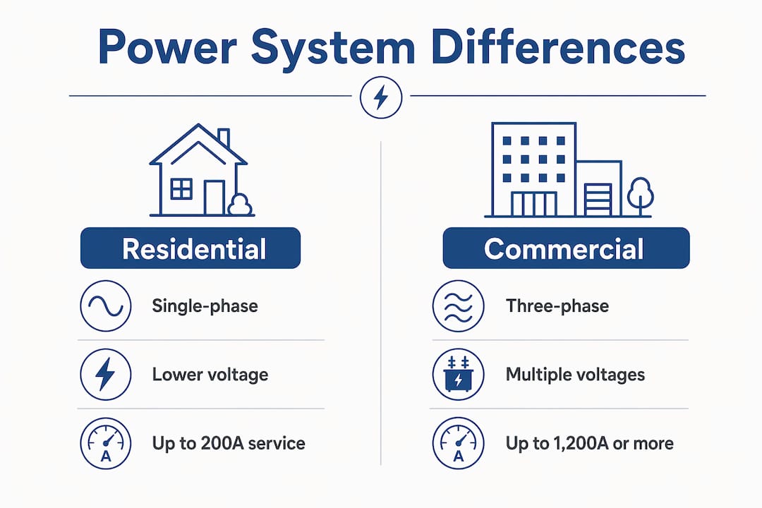 Infographic comparing commercial and residential electrical systems