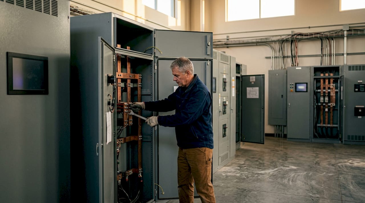 Technician tightening connections inside distribution panel