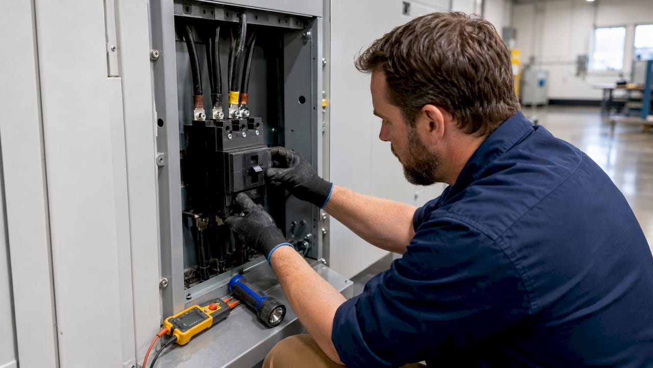 Hands adjusting circuit breaker in panel