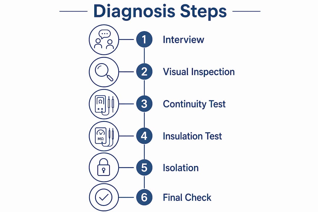 Infographic illustrating steps of electrical fault diagnosis