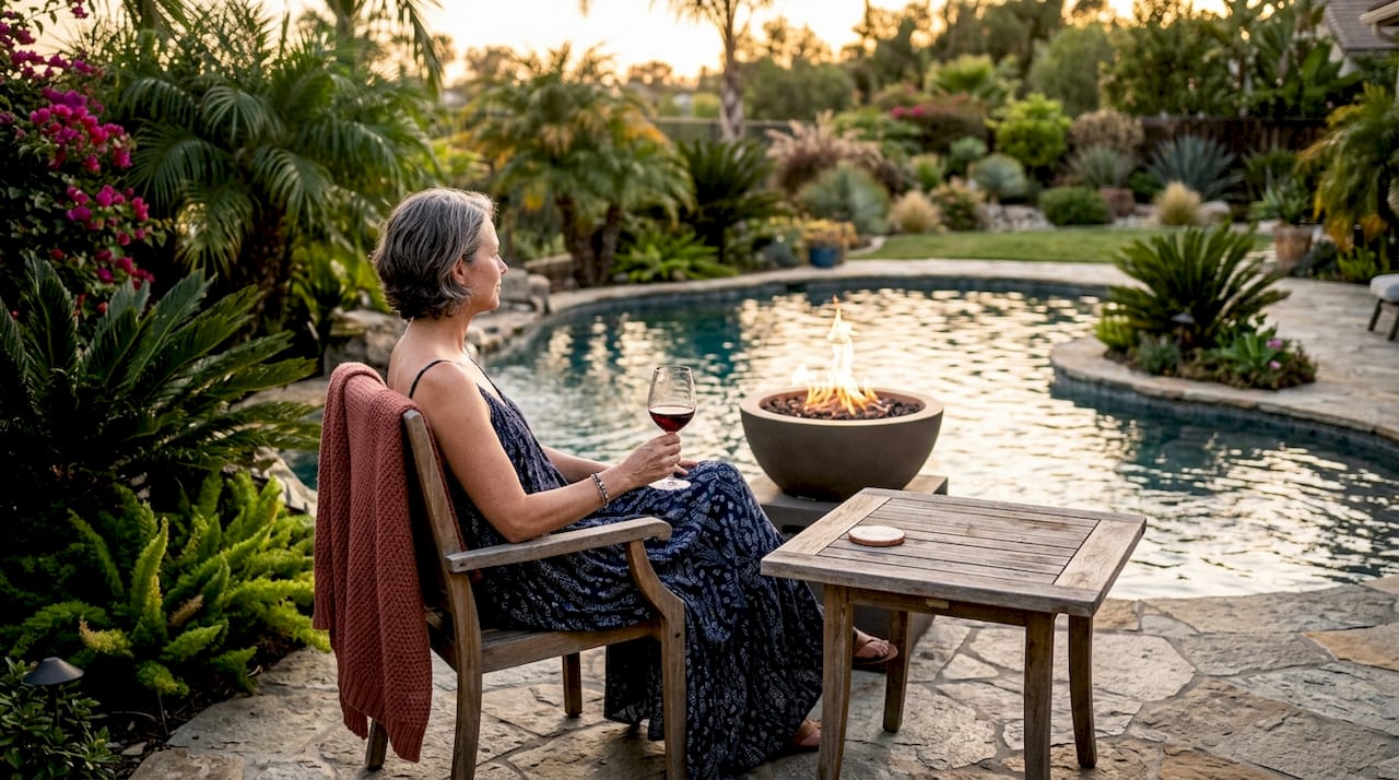 Woman enjoying fire feature by golf community pool