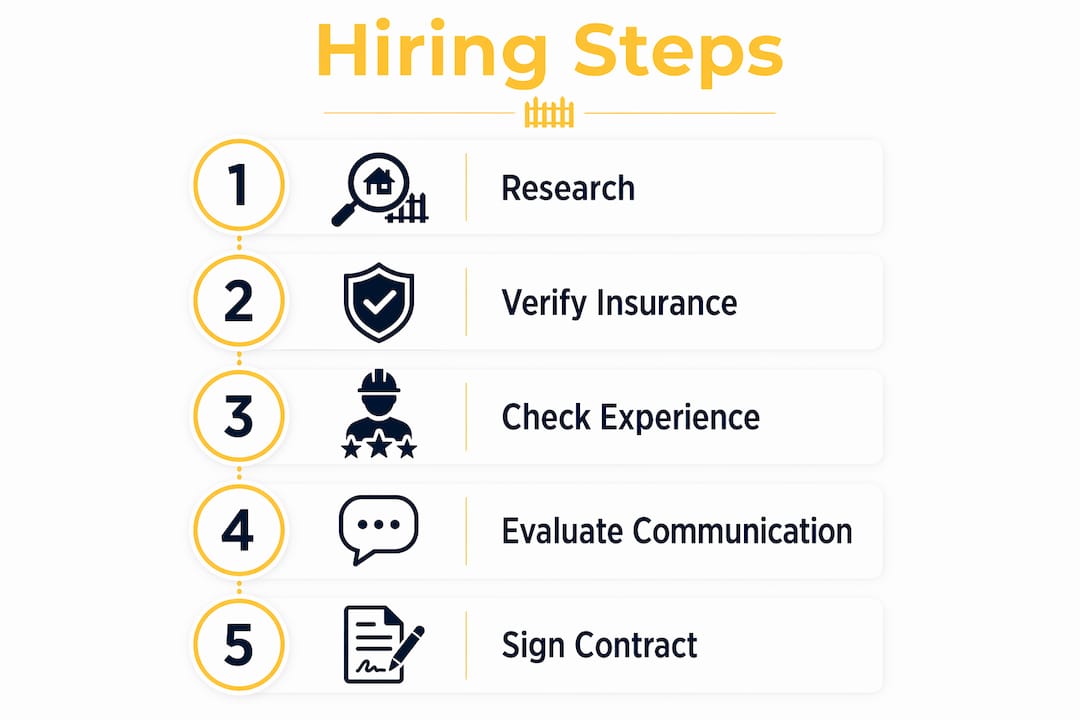 Infographic illustrating five steps to hire fence contractor