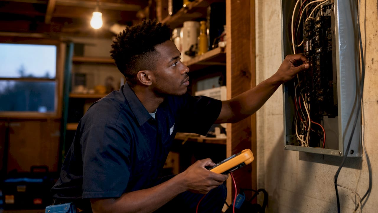 Electrician examining circuit breaker panel in commercial building