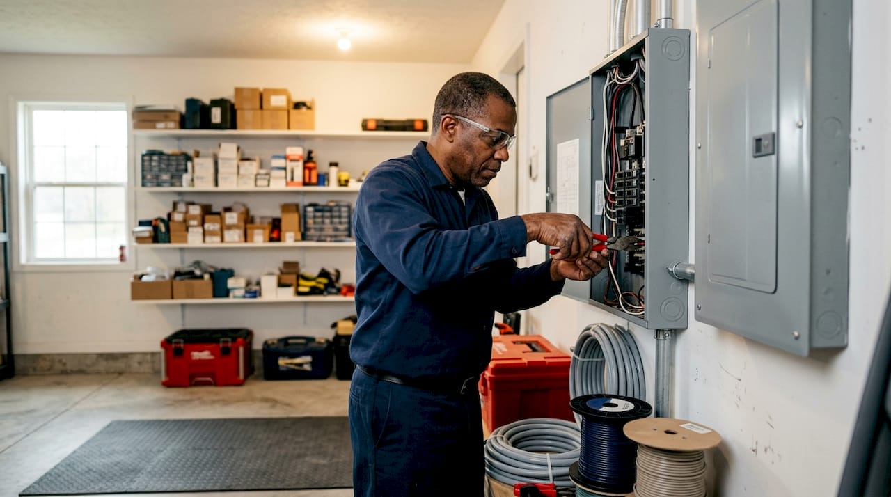 Electrician installing sub-panel in basement utility room