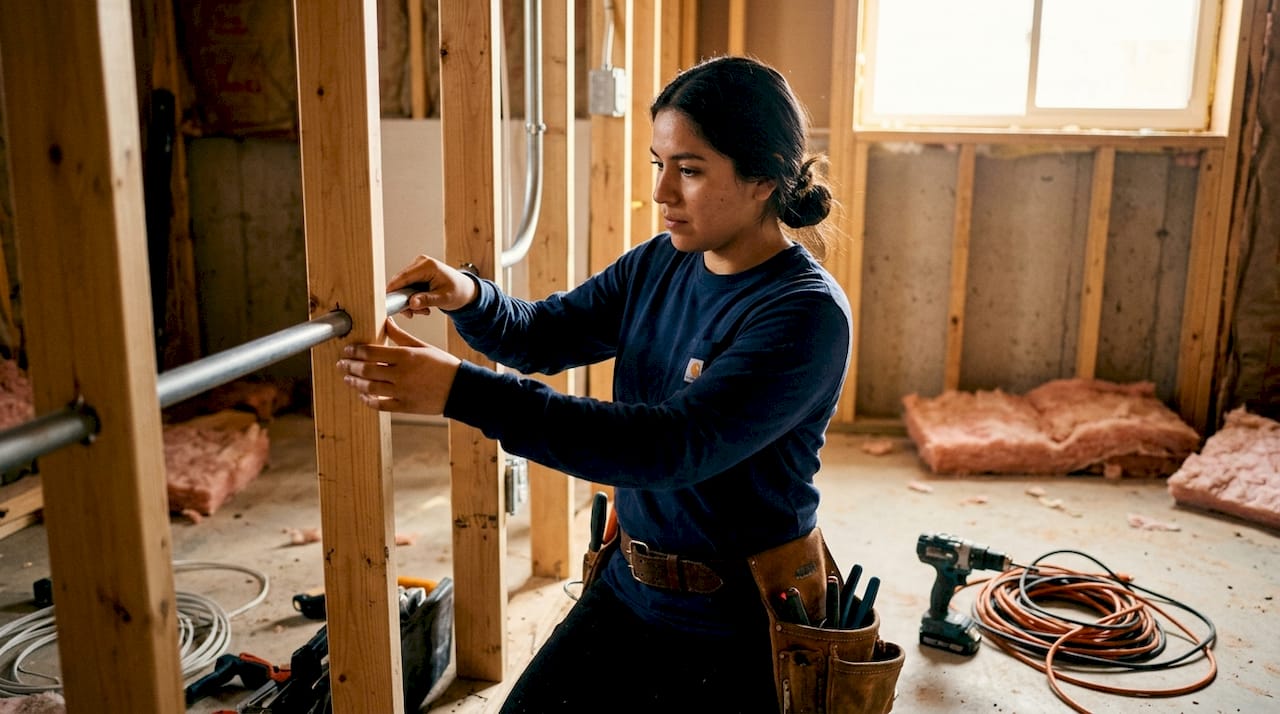 Electrician working on conduit installation inside framing