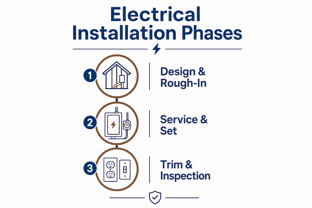 Infographic illustrating three electrical installation phases