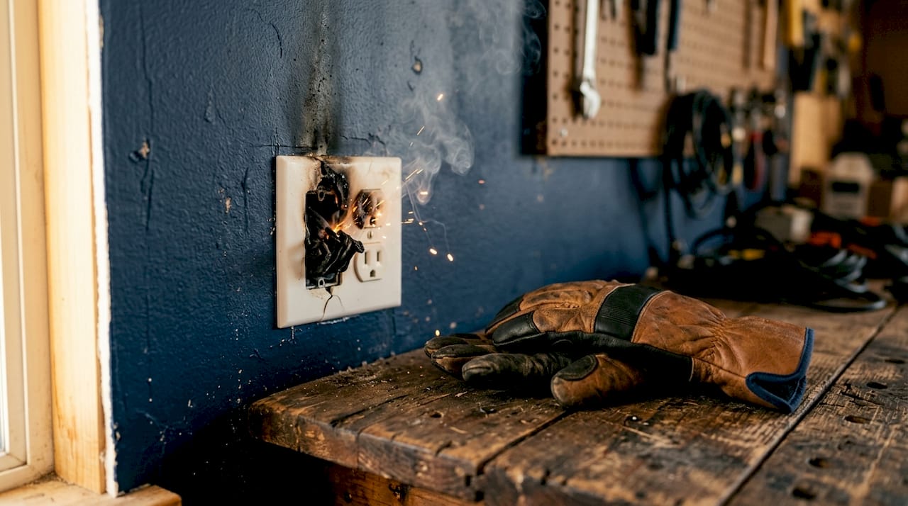 Close-up of sparking burnt electrical outlet