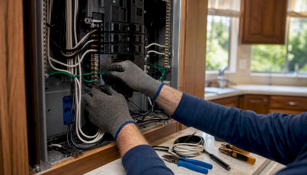 Close-up electrician hands wiring electrical subpanel