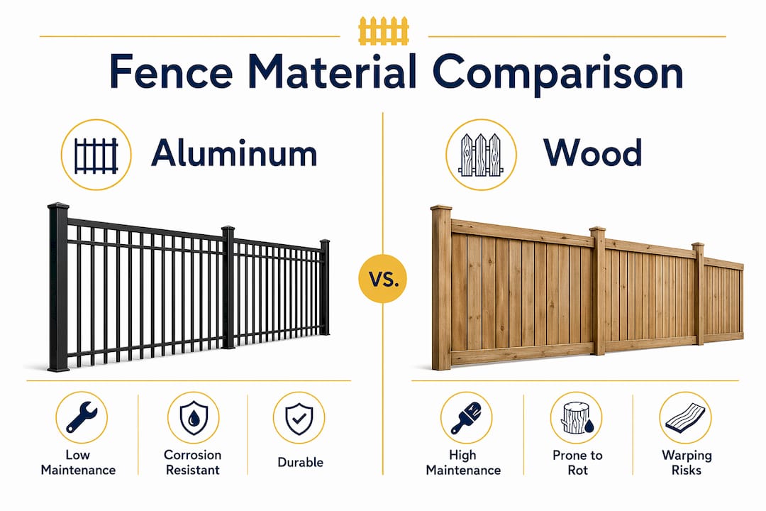 Infographic comparing aluminum and wood fencing features