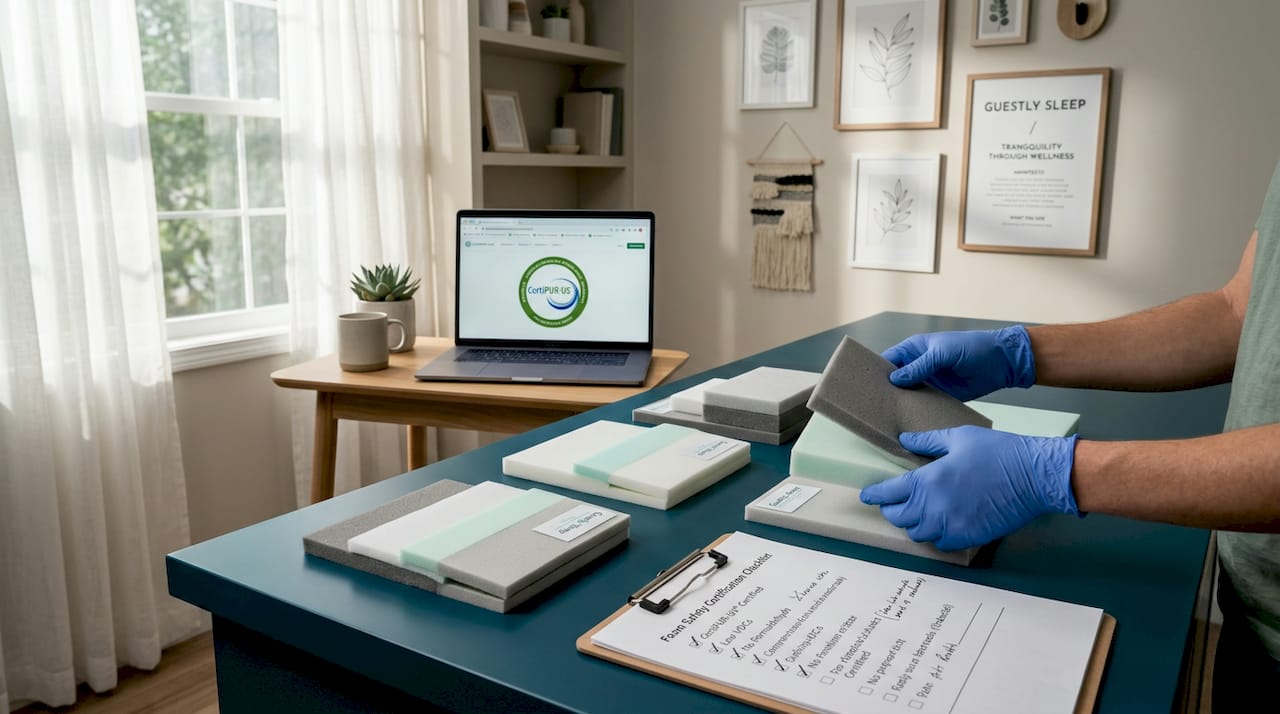 Hands inspecting certified mattress foam samples