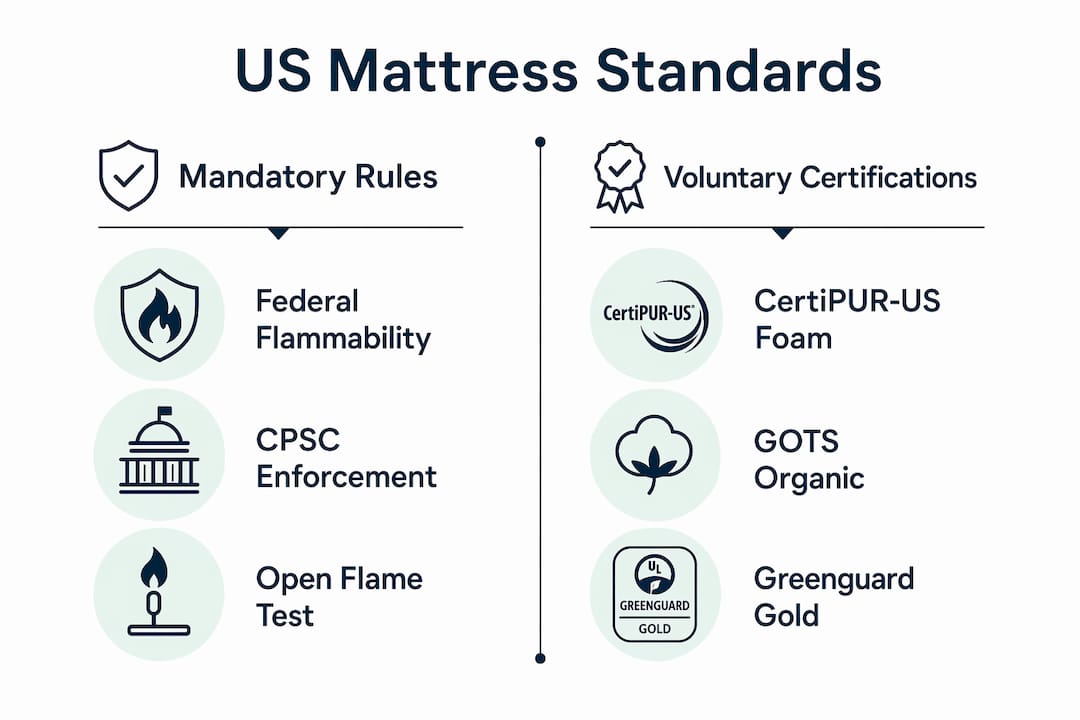 Infographic comparing US mattress standards and certifications