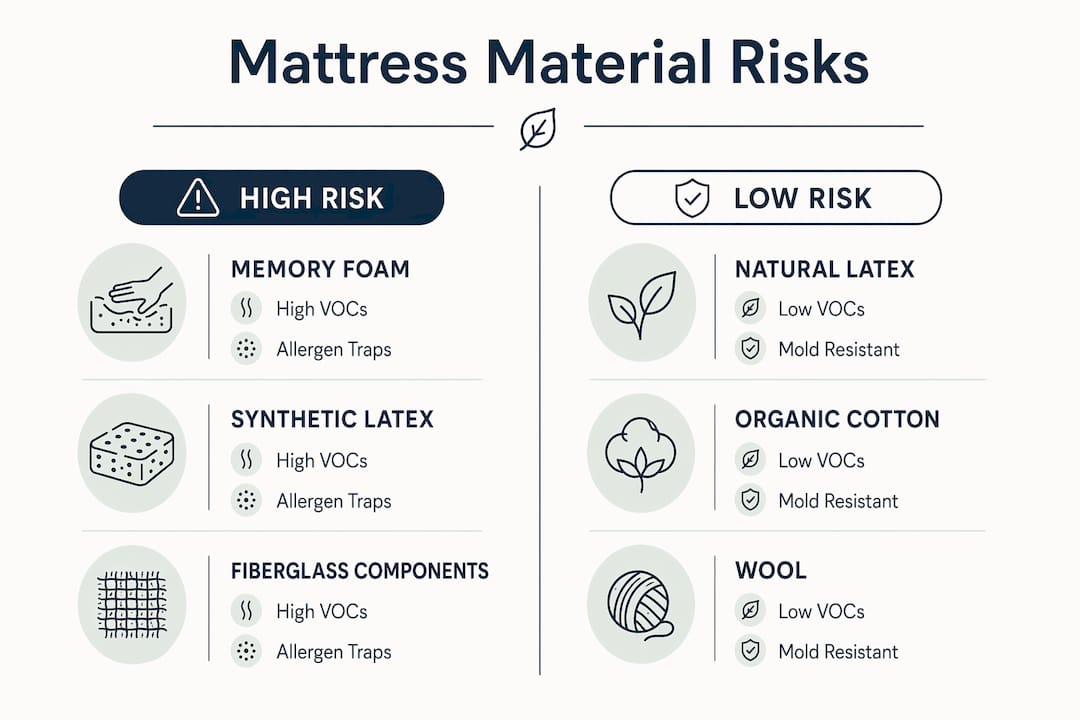 Infographic comparing mattress materials' respiratory risks