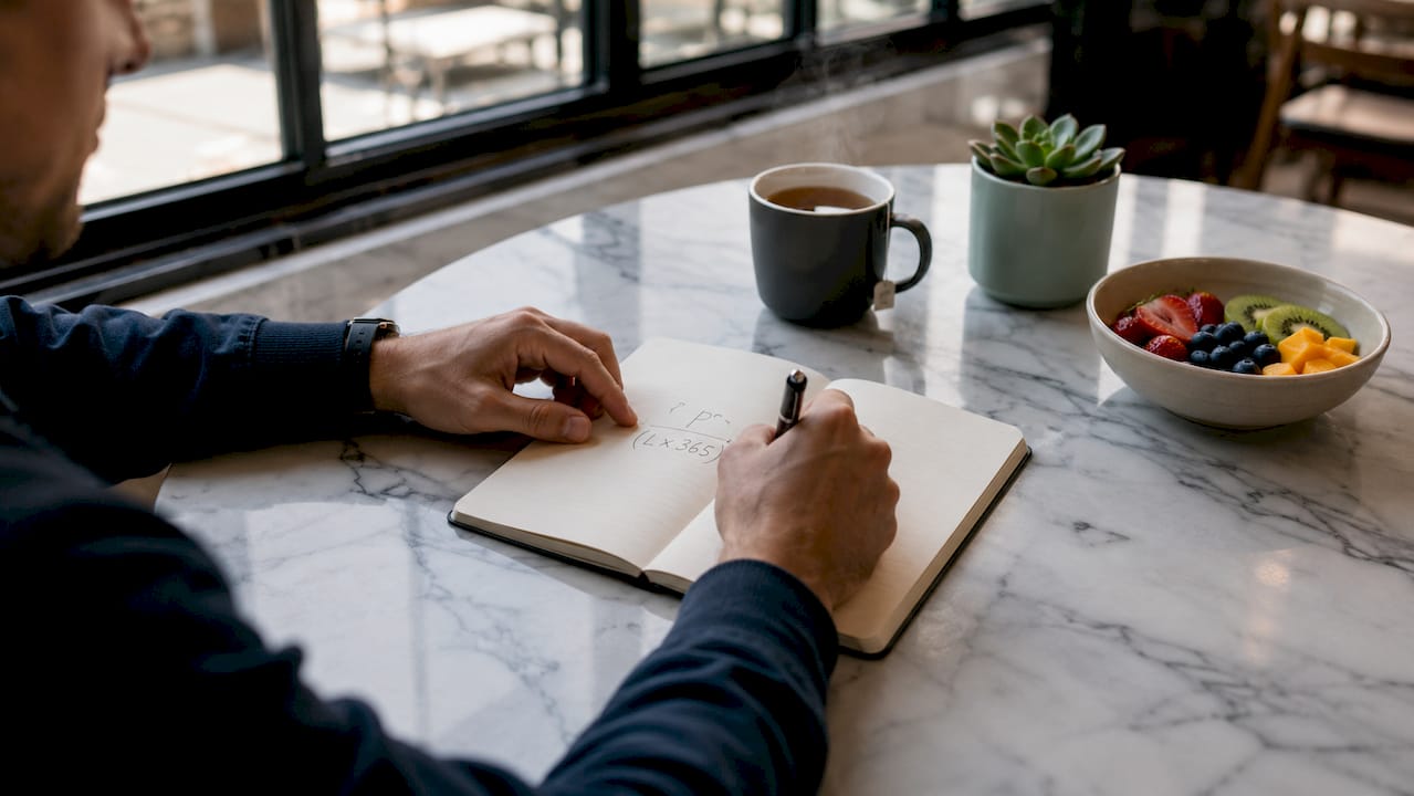 Hands writing mattress nightly cost formula on notebook