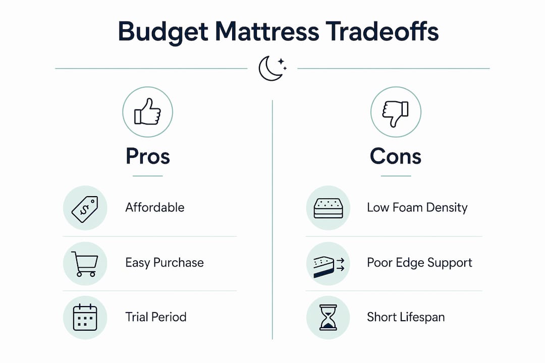 Infographic comparing pros and cons of budget mattresses