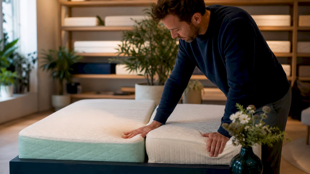 Hands pressing different firmness mattress samples