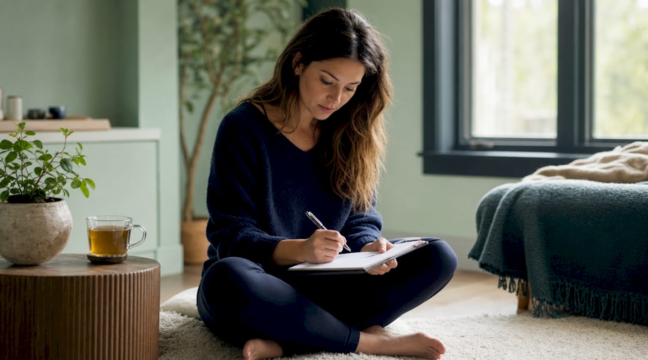 Woman filling out sleep profile questionnaire at table
