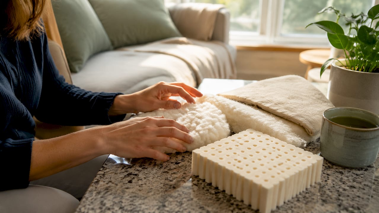 Hands touching natural mattress material samples