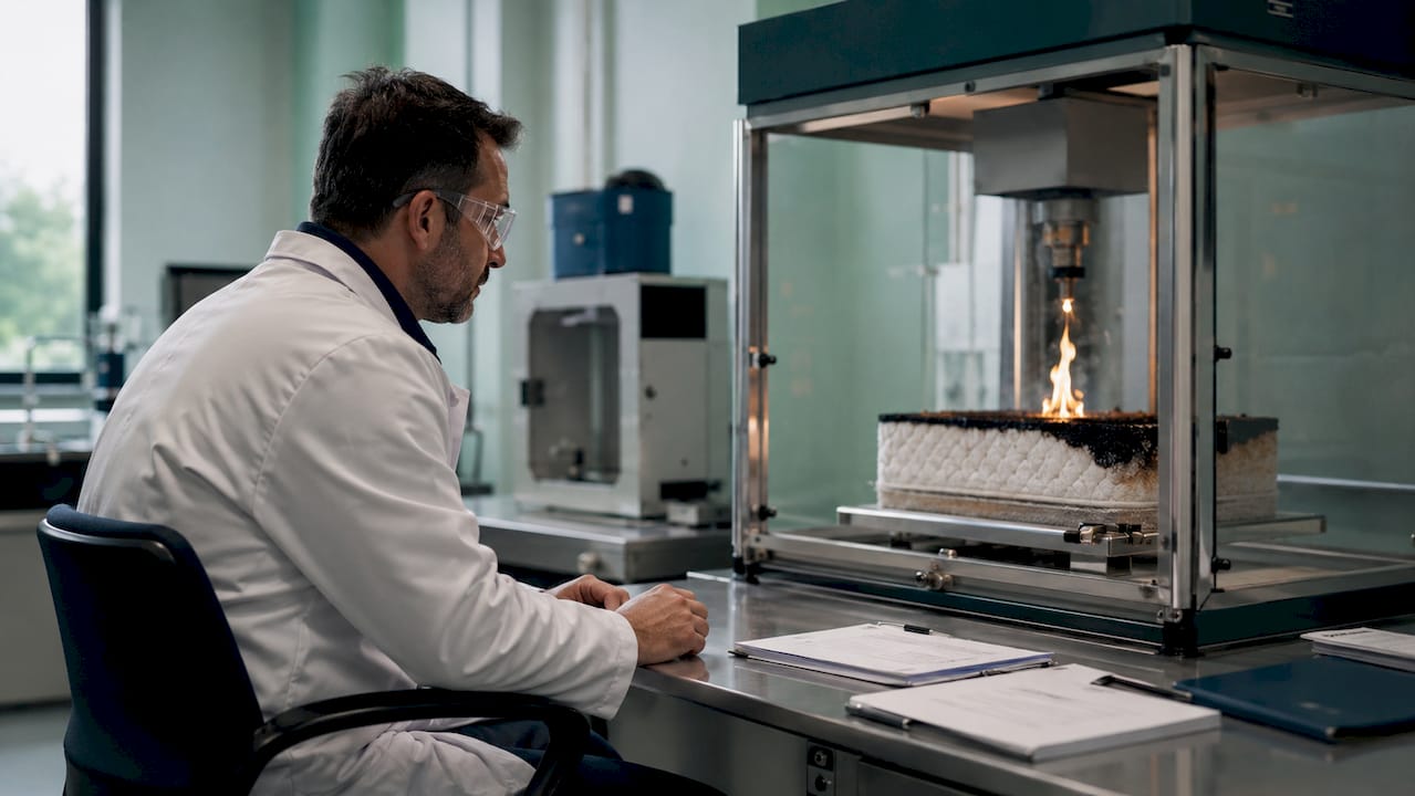 Technician conducting mattress flame safety test in lab
