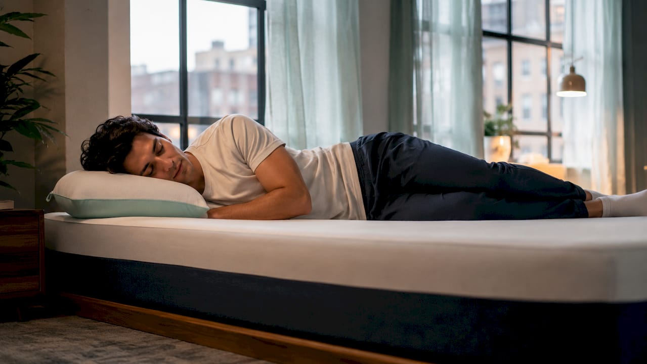 Man lying on mattress testing sleep position