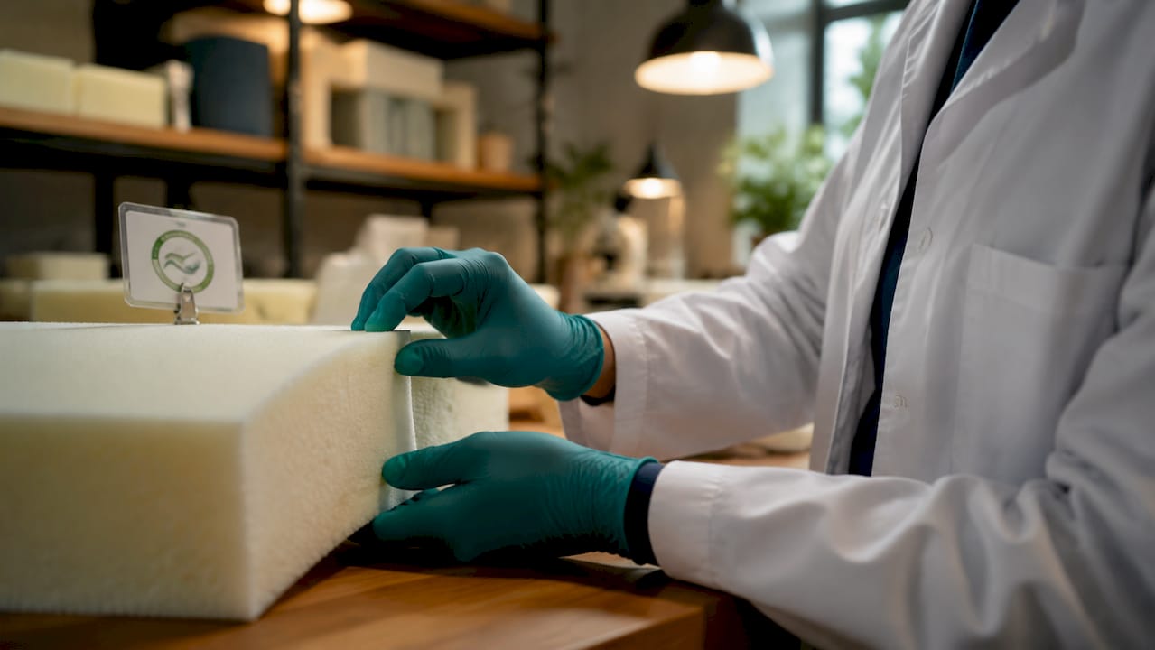 Hands inspecting CertiPUR-US certified foam sample