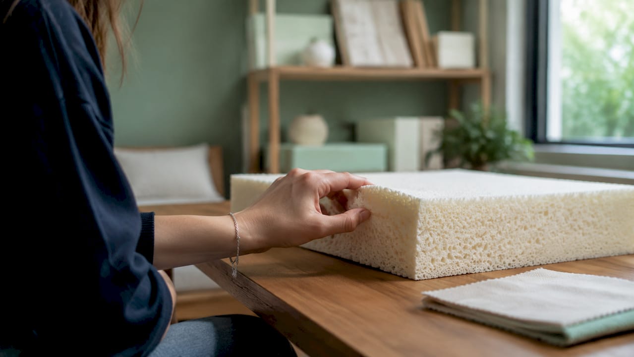 Hand holding foam mattress sample in lab