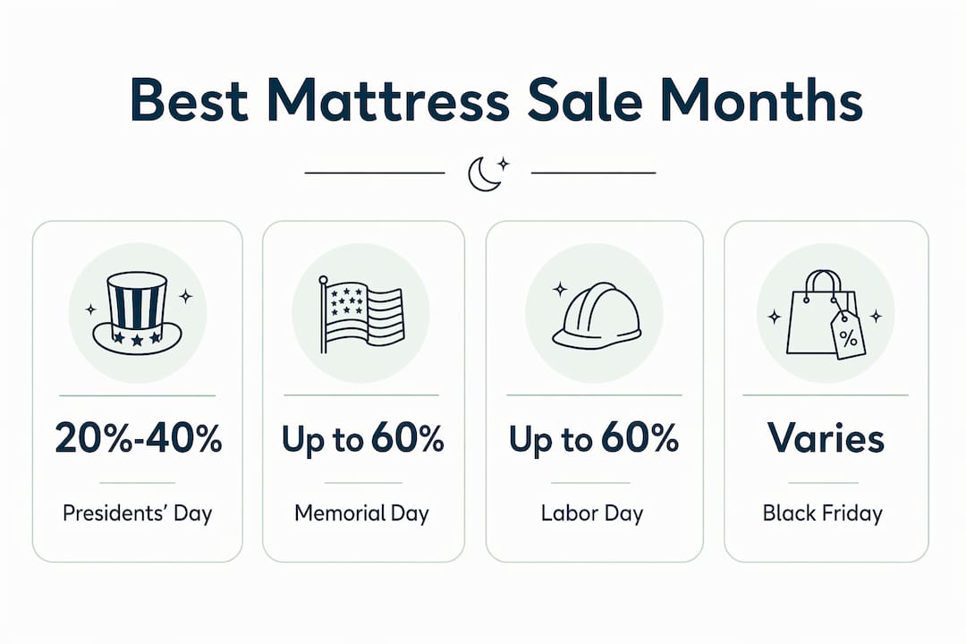 Infographic showing best mattress sale months with discount percentages