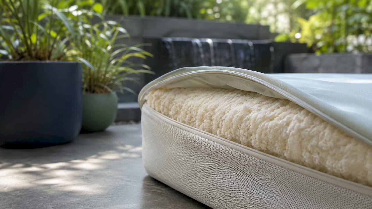 Close-up of mattress showing wool fire barrier material