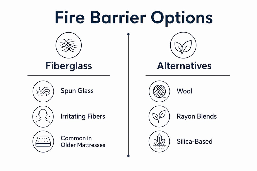 Infographic comparing fiberglass and alternative mattress fire barriers