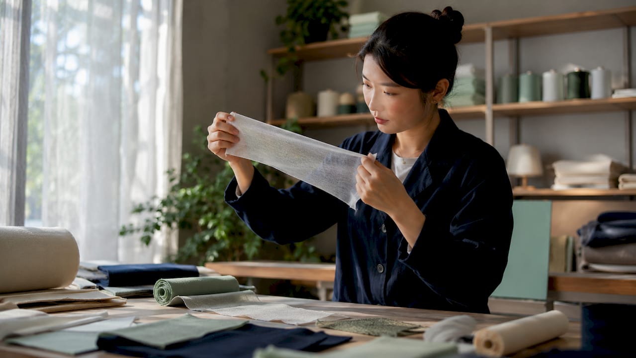 Technician handling flexible silica fiber textile fabric