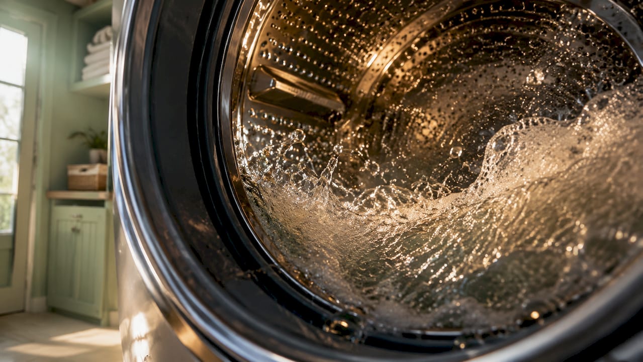 Close-up inside washing machine drum with fibers visible